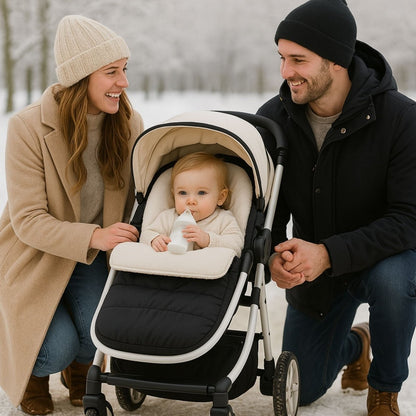 chanceliere poussette avec intérieur crème et bébé confortablement installé pendant une promenade hivernale