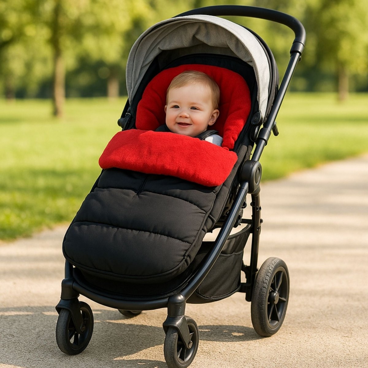 bébé dans une chanceliere poussette noire et rouge pendant une balade au parc