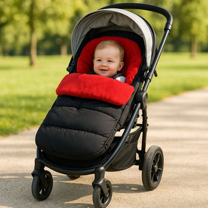 bébé dans une chanceliere poussette noire et rouge pendant une balade au parc