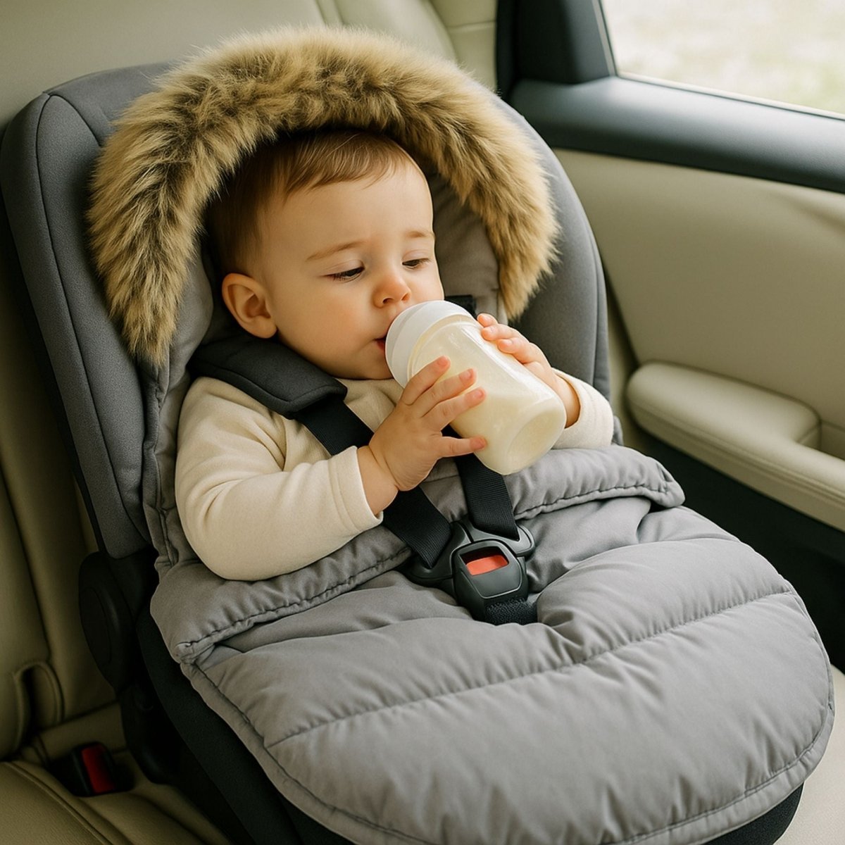 hanceliere grise avec fausse fourrure, utilisée en siège auto pendant que bébé boit un biberon