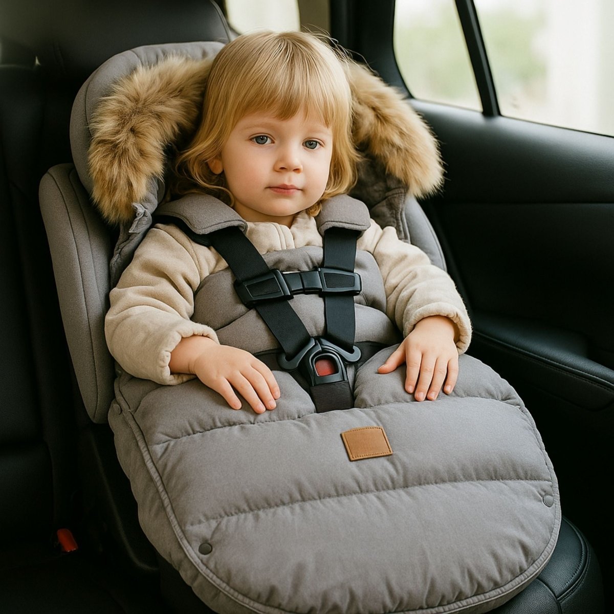 chanceliere grise avec zip central, bébé installé dans un siège auto et ceinturé