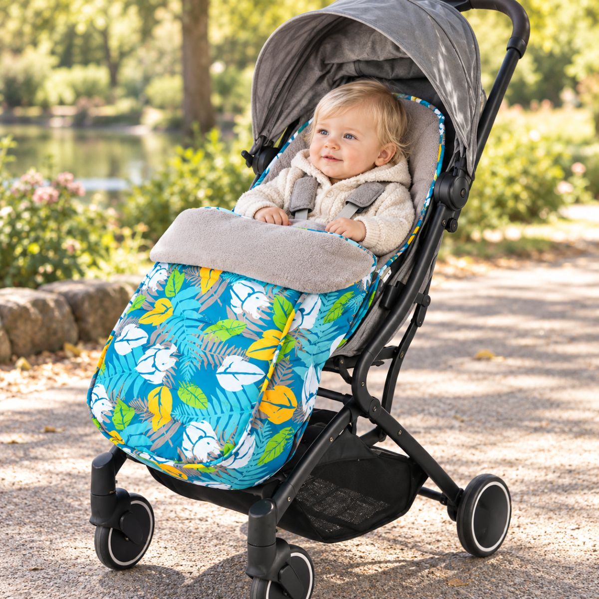 Chancelière universelle bleu floral installée sur une poussette