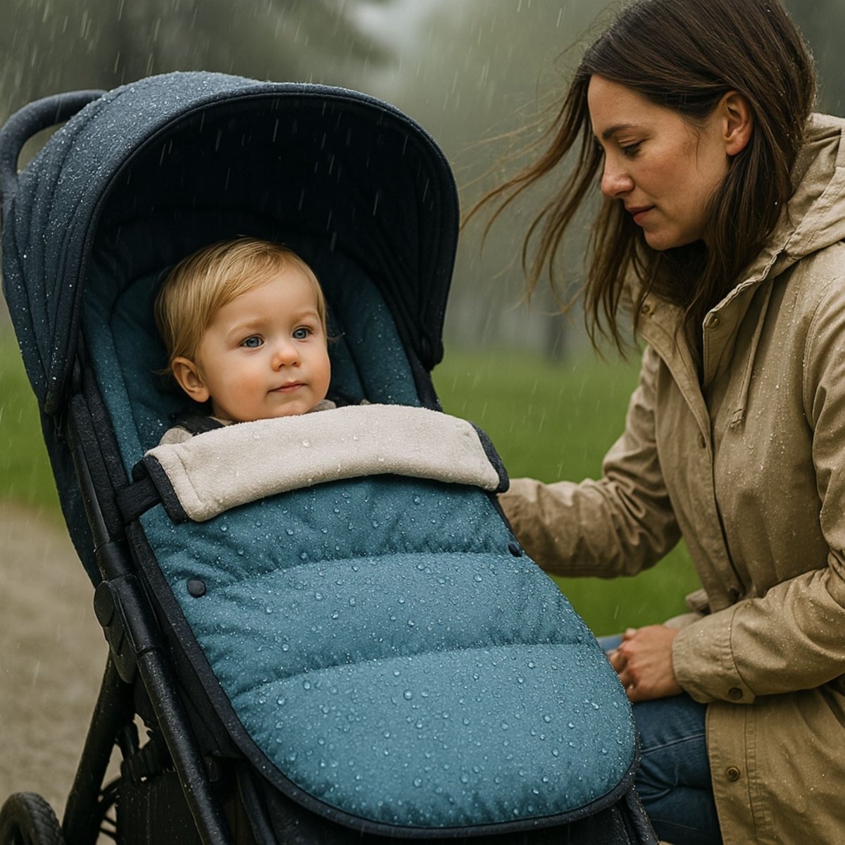 bébé dans une chanceliere imperméable sous la pluie avec capote relevée