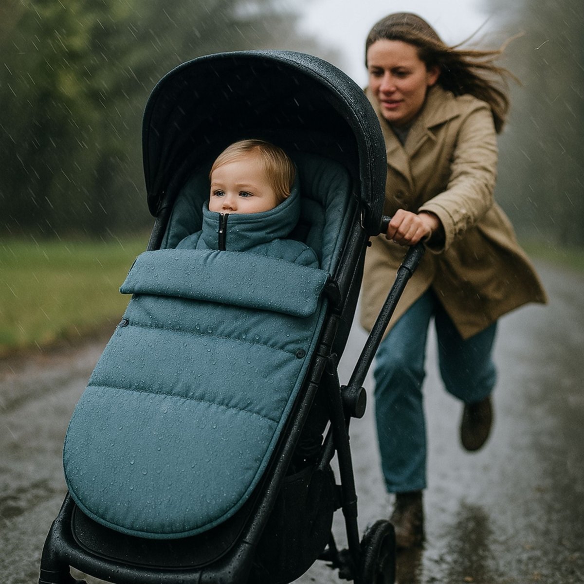 chanceliere fermée jusqu’au col dans la pluie avec bébé bien protégé