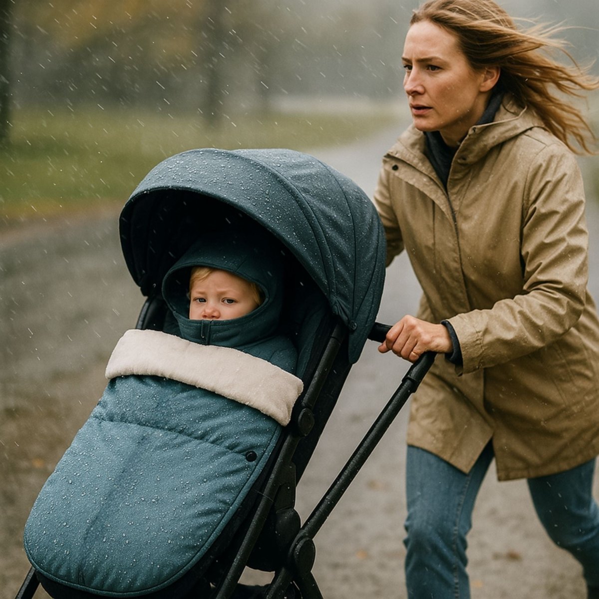 chanceliere pluie avec bébé emmitouflé et maman courant derrière la poussette