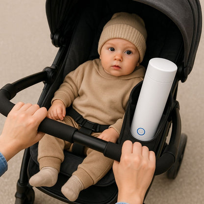Chauffe biberon nomade blanc placé dans la poche d’une poussette, bébé assis calmement pendant la sortie