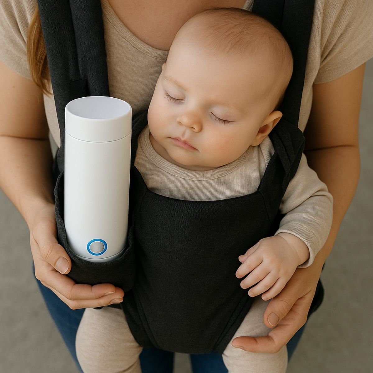 Chauffe biberon nomade blanc transporté dans un porte-bébé, bébé confortablement installé et apaisé