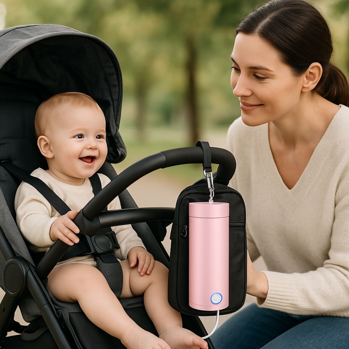 Chauffe biberon nomade rose fixé à une poussette, bébé souriant et maman attentive pendant la promenade