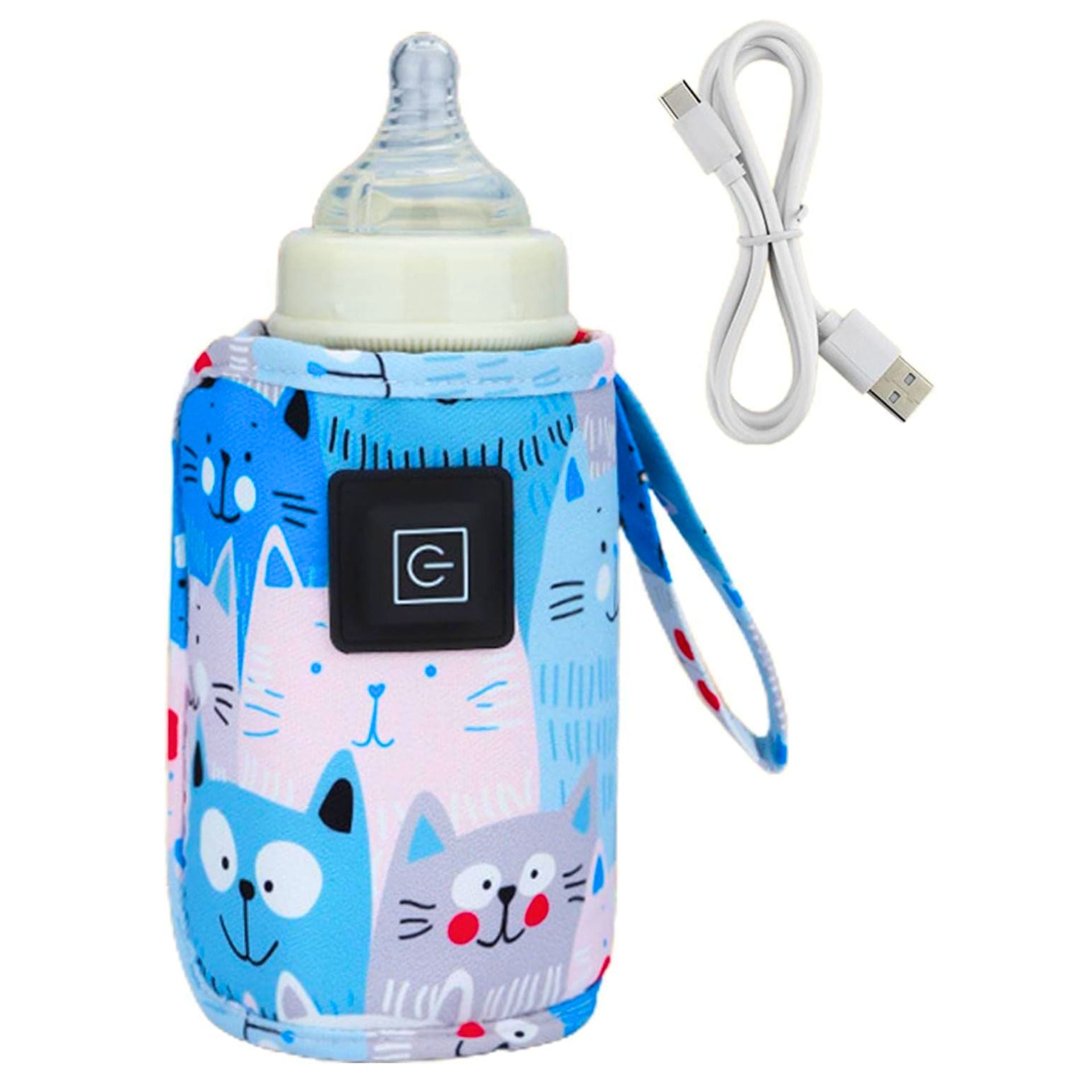 Chauffe biberon nomade bleu avec biberon et câble USB