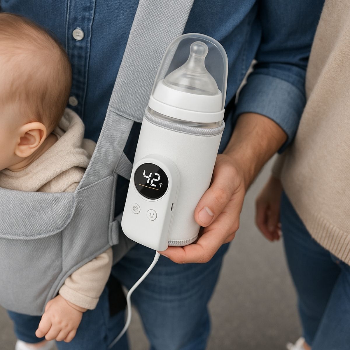 Chauffe biberon nomade blanc utilisé par un parent en déplacement avec bébé