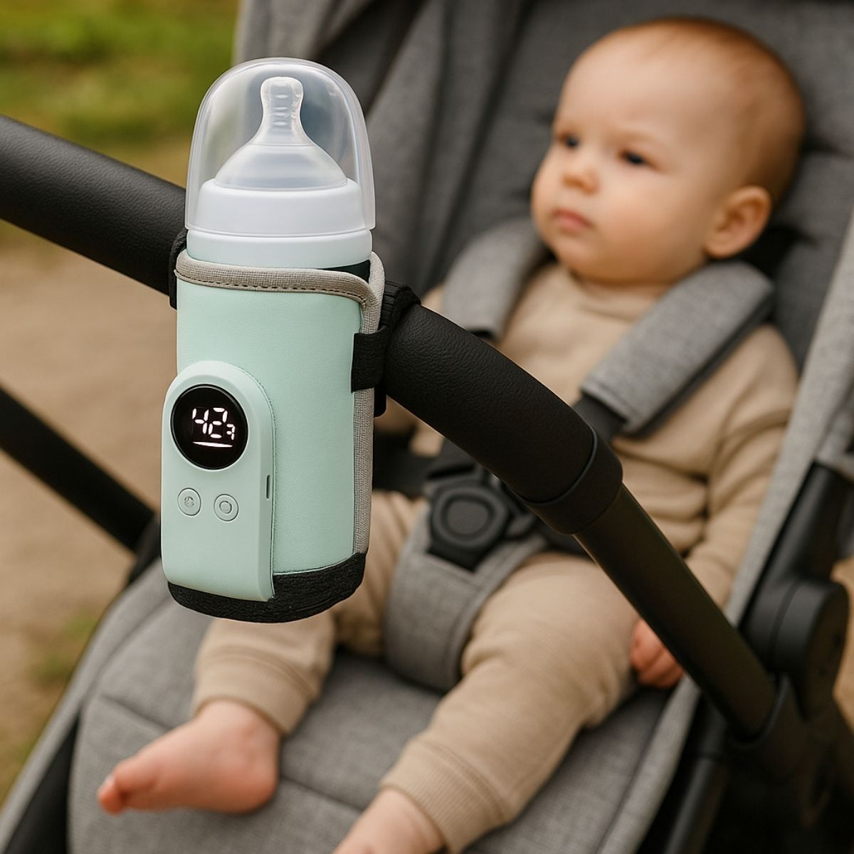 Chauffe biberon nomade vert pastel clair fixé sur poussette avec bébé