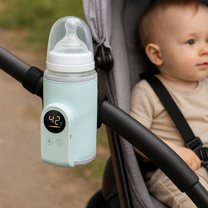Chauffe biberon nomade vert pastel clair accroché sur poussette en sortie