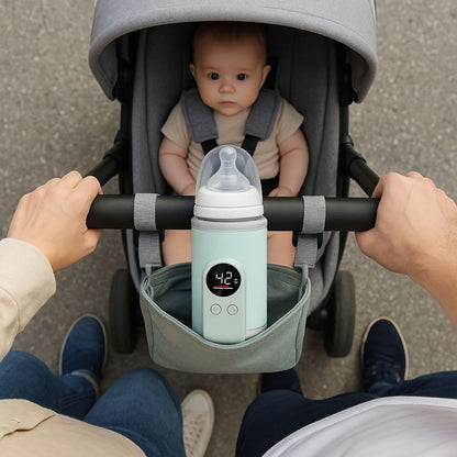 Chauffe biberon nomade vert pastel clair utilisé en promenade avec bébé