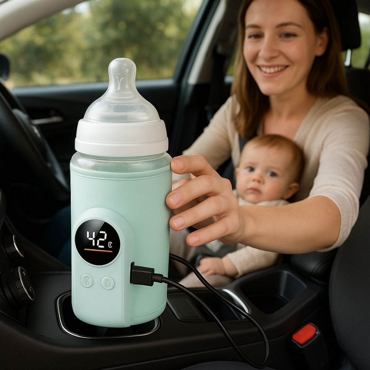 Chauffe biberon nomade vert pastel clair utilisé en voiture avec bébé