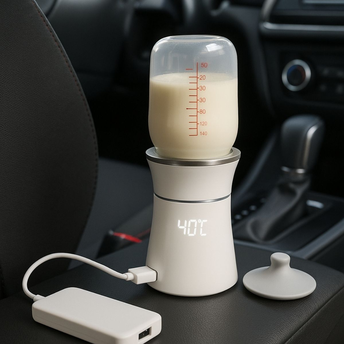 chauffe biberon nomade connecté en voiture via USB-C avec affichage 40°C