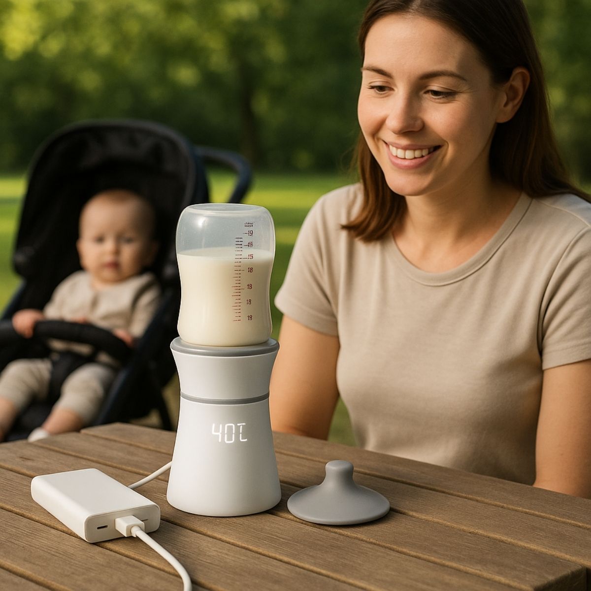 maman utilisant un chauffe biberon nomade sur une table avec bébé