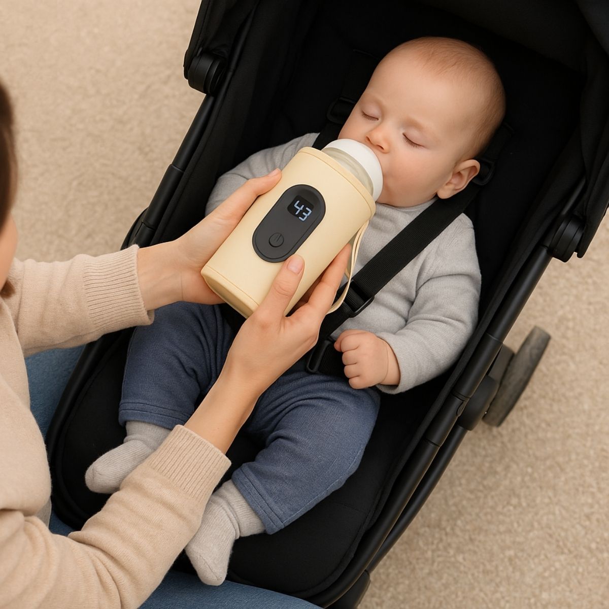 Chauffe-biberon nomade beige dans une poussette, repas maintenu à bonne température
