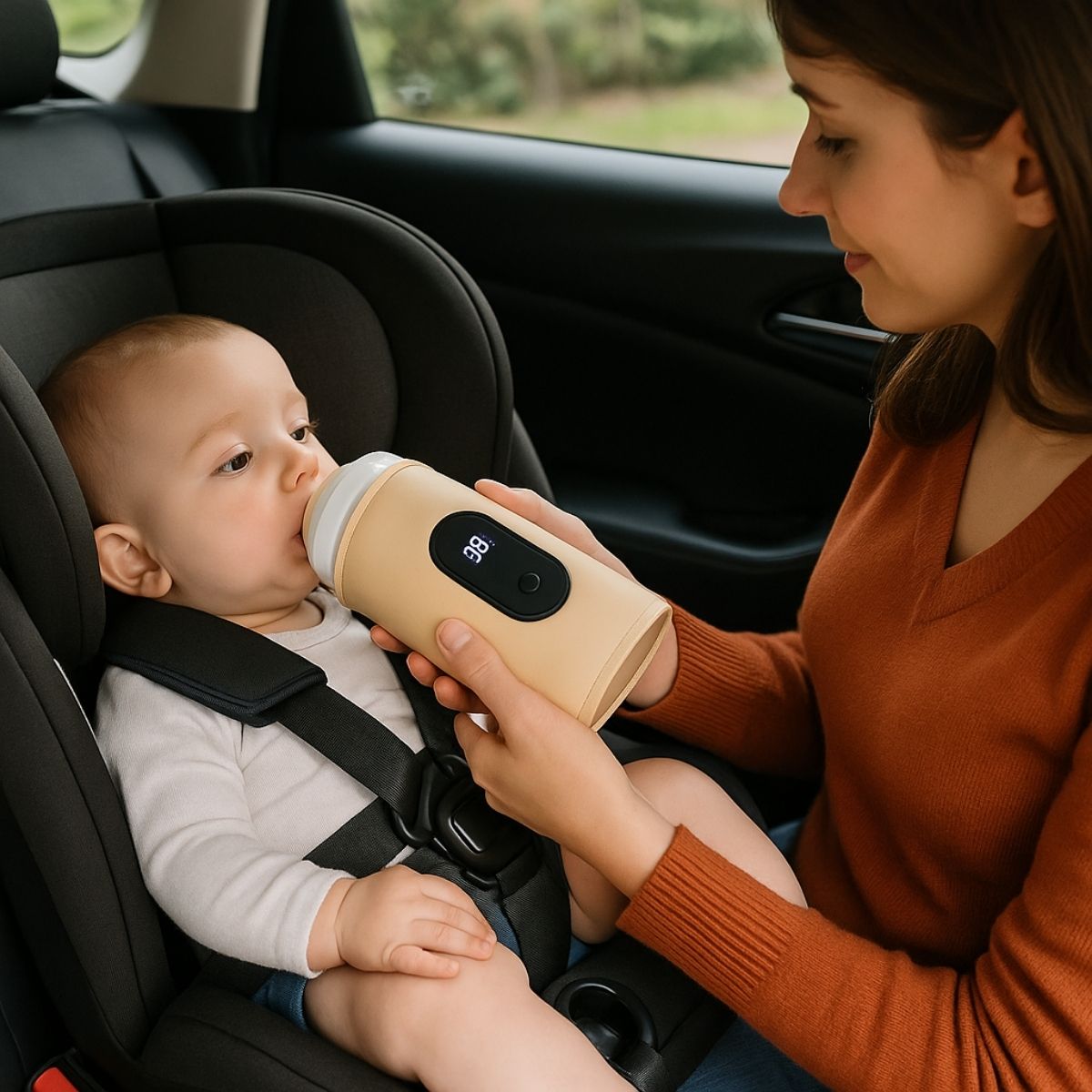Chauffe-biberon nomade beige utilisé en voiture pour nourrir bébé en toute stabilité