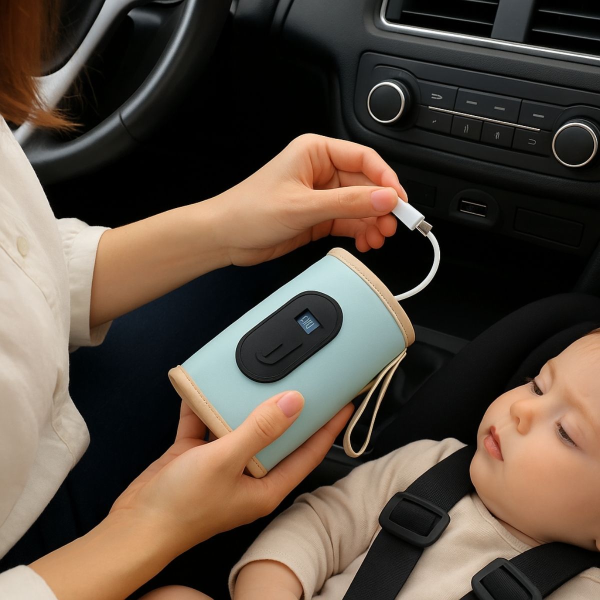 Chauffe-biberon nomade bleu branché en voiture via port USB-C, chaleur uniforme