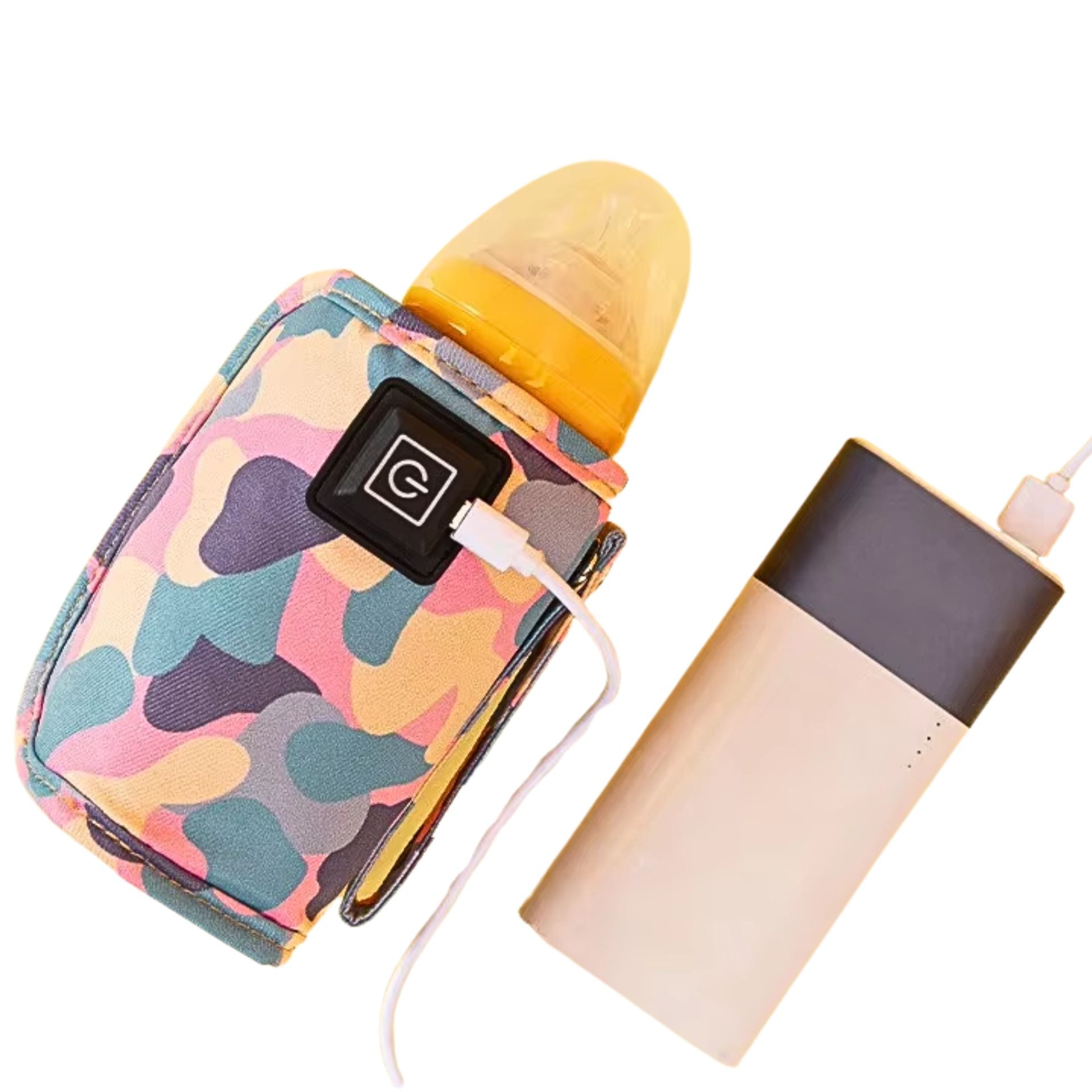 Chauffe biberon nomade camouflage rose branché à une batterie externe