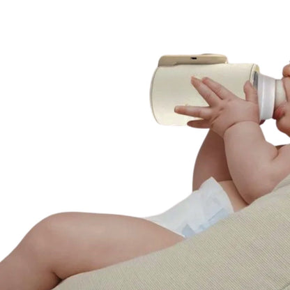 Bébé allongé tenant un chauffe biberon nomade beige en pleine utilisation