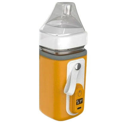 Chauffe biberon nomade orange moutarde avec sangle blanche et écran digital allumé à 54°C