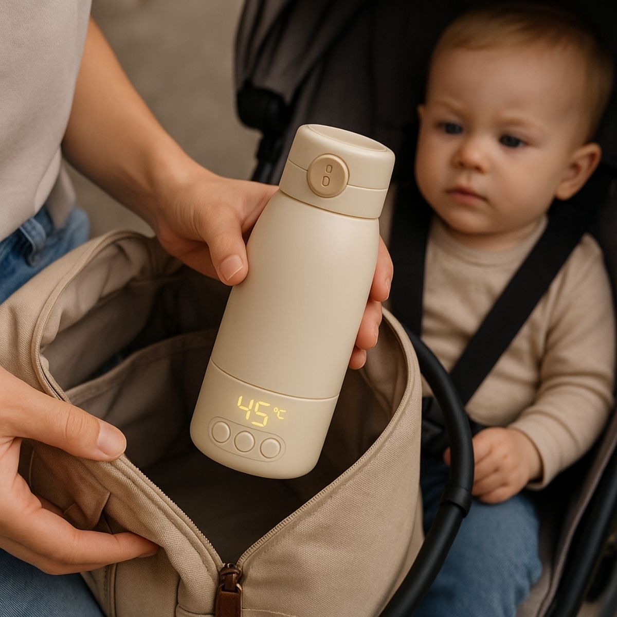 Chauffe biberon nomade sorti d’un sac avec un bébé en arrière-plan