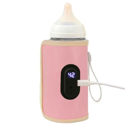 Chauffe biberon portable rose avec affichage numérique à 42 degrés et câble USB