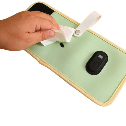 Nettoyage d’un chauffe biberon vert ouvert à l’aide d’une lingette