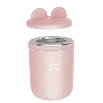 chauffe biberon usb rose ouvert avec couvercle oreilles soulevé et affichage digital visible