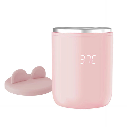chauffe biberon usb rose avec affichage LED à 37°C, vu de face avec le couvercle à oreilles