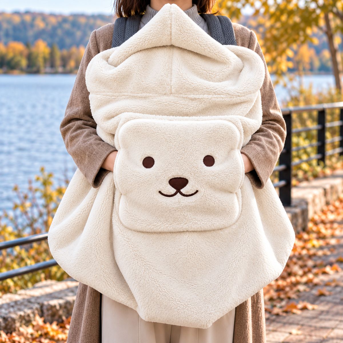 Couverture de portage moumoute blanc crème présentée en portage ventral, avec capuche, texture pelucheuse et poche à motif ourson.