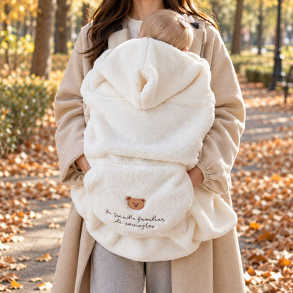Couverture de portage moumoute beige portée devant une maman en promenade, avec capuche à oreilles et poche frontale ornée d'un petit ours