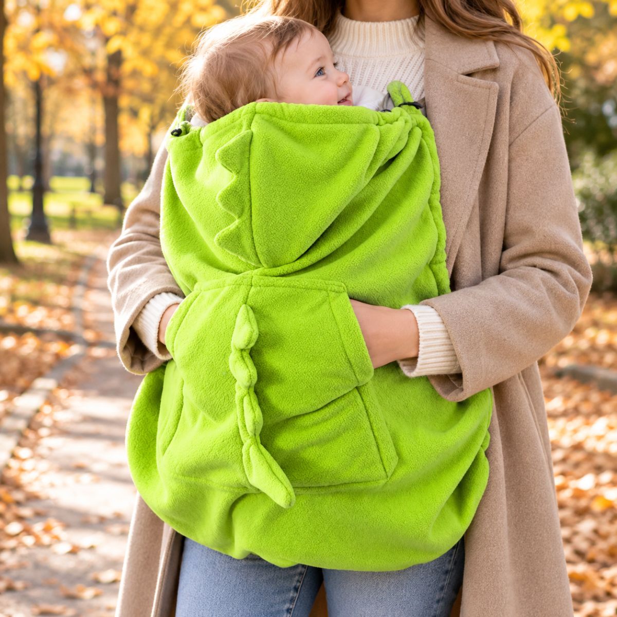 Couverture de portage polaire verte avec poche chauffe-mains, capuche dinosaure et bébé au visage visible pendant une promenade