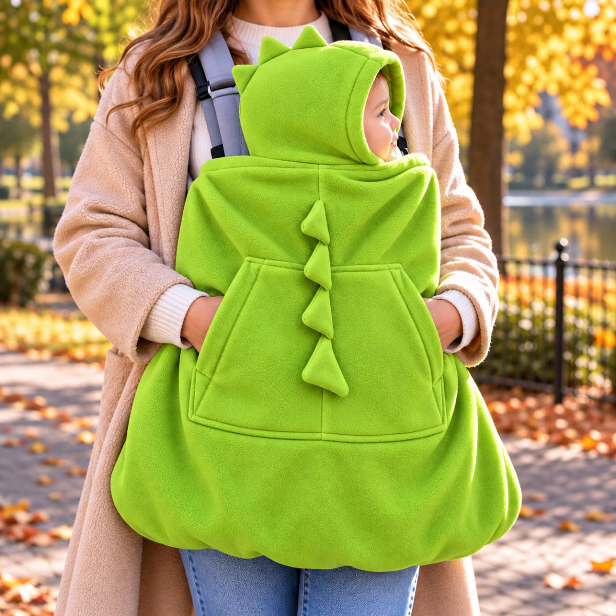 Couverture de portage polaire verte à capuche dinosaure, avec grande poche frontale et crête décorative, portée avec bébé en extérieur