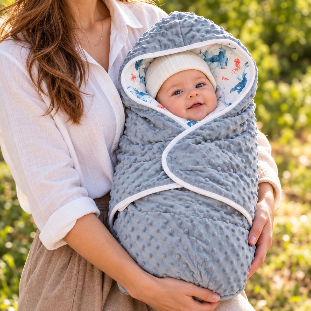 Couverture nomade bébé bleu-gris à capuche imprimée de baleines et méduses, tenue par une femme en chemise blanche