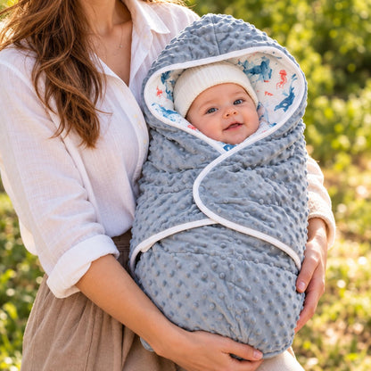 Couverture nomade bébé bleu-gris à capuche imprimée de baleines et méduses, tenue par une femme en chemise blanche