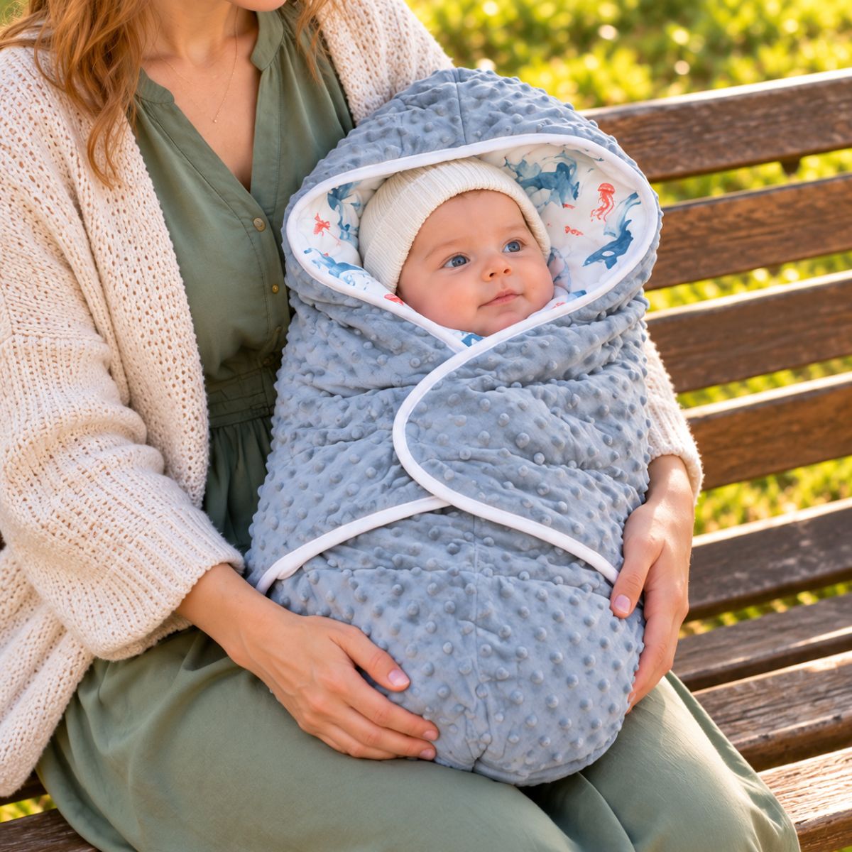 Couverture nomade bébé bleu-gris à pois en relief et capuche à motifs marins, sur les genoux d’une femme assise sur un banc