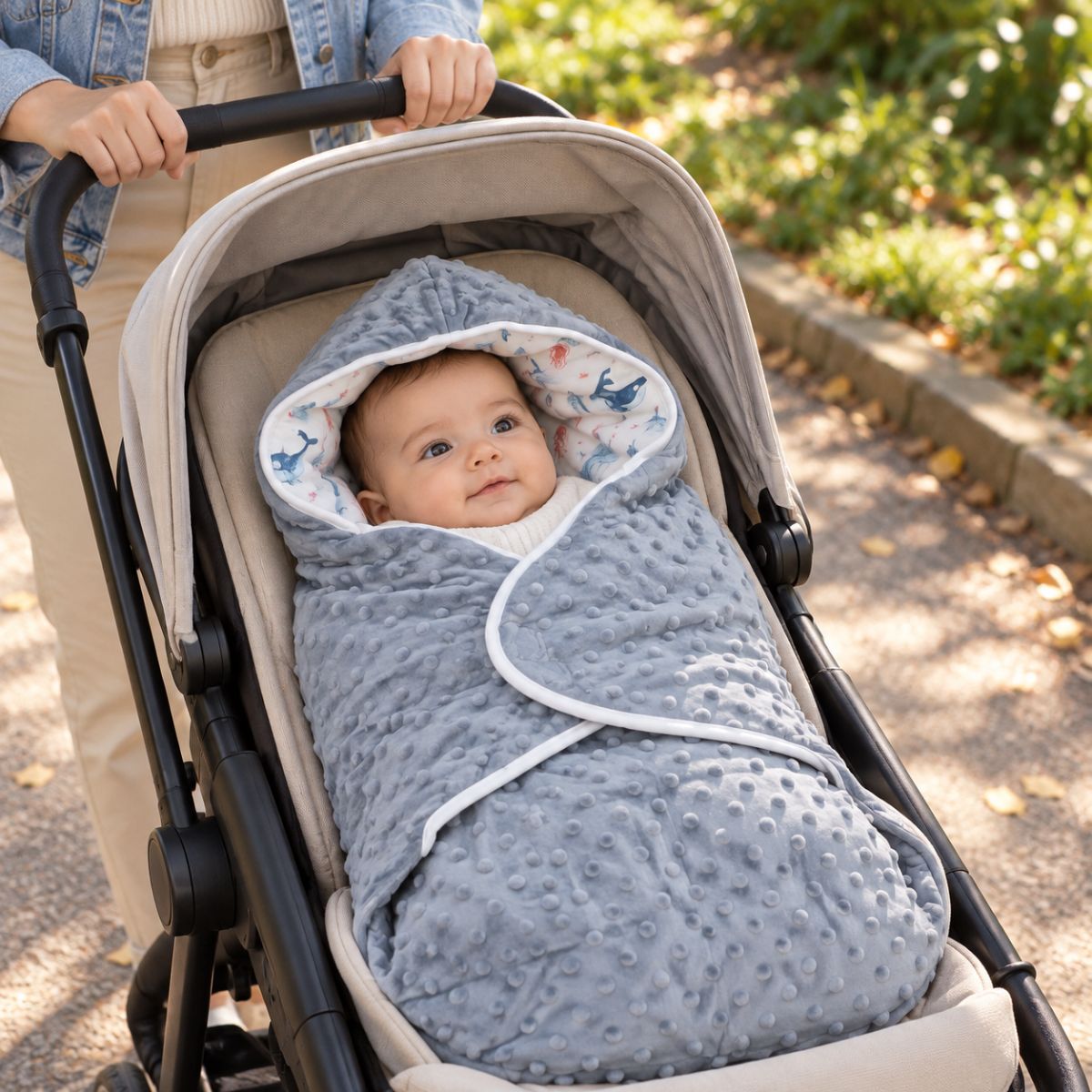 Couverture nomade bébé bleu-gris à pois en relief et capuche imprimée d’animaux marins, présentée dans une poussette beige