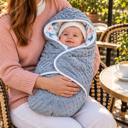 Couverture nomade bébé bleu-gris à pois en relief et capuche à motifs marins, tenue sur les genoux à une terrasse