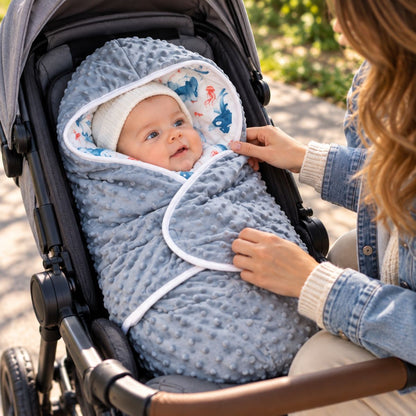 Couverture nomade bébé bleu-gris à pois en relief, avec pans rabattables ajustés par une femme dans une poussette