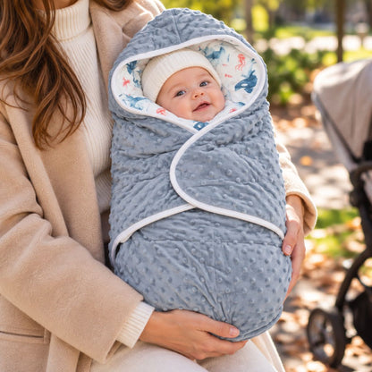 Couverture nomade bébé bleu-gris à pois en relief, capuche à motifs marins et bordure blanche, tenue dans les bras
