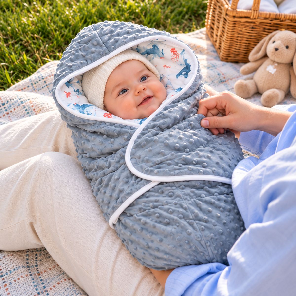 Couverture nomade bébé bleu-gris avec capuche marine, bordure blanche et pans croisés, photographiée lors d’un pique-nique