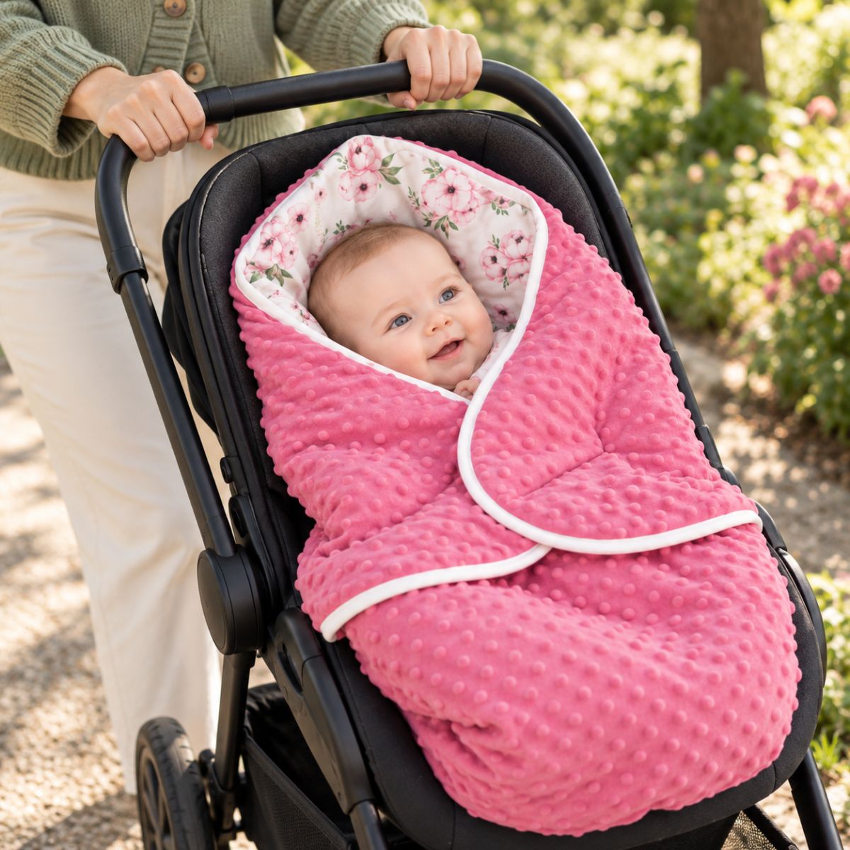 Couverture nomade bébé rose floral avec capuche à fleurs roses, pans rabattables et pois en relief, dans une poussette