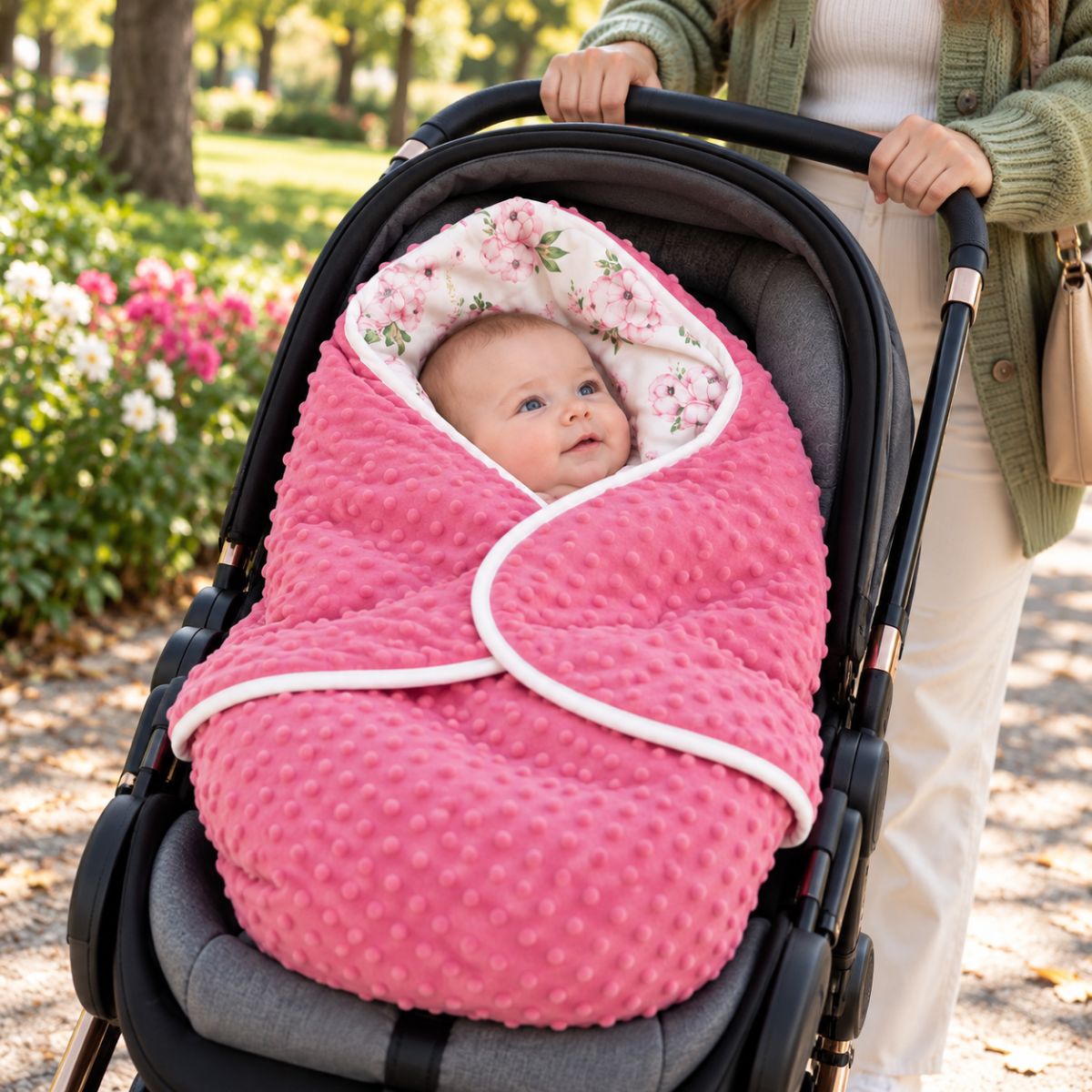 Couverture nomade bébé rose floral avec tissu texturé à pois en relief et capuche fleurie, photographiée dans un jardin