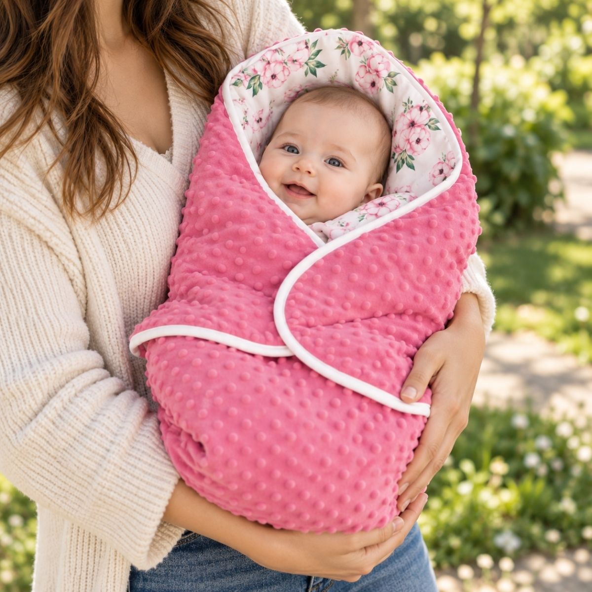 Couverture nomade bébé rose floral à pois en relief, capuche fleurie et bordure blanche, tenue dans les bras en extérieur