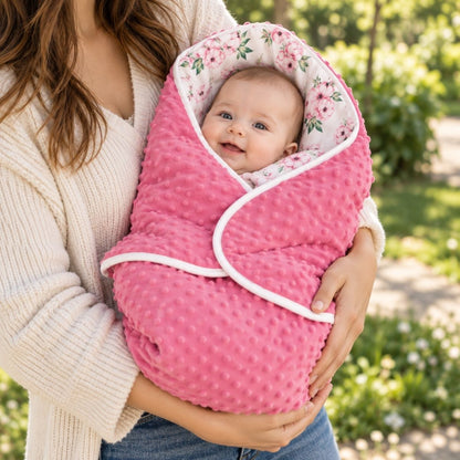 Couverture nomade bébé rose floral à pois en relief, capuche fleurie et bordure blanche, tenue dans les bras en extérieur