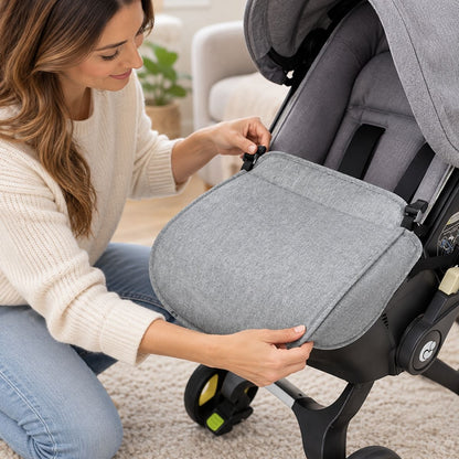 Couvre pied poussette gris présenté pendant l’installation avec fixation des attaches latérales sur l’assise