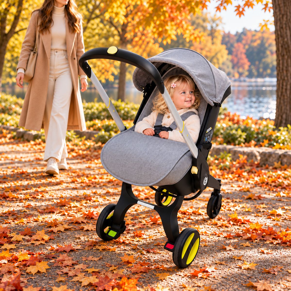 Protège pied poussette gris avec bébé installé et maman marchant à proximité dans un parc en automne