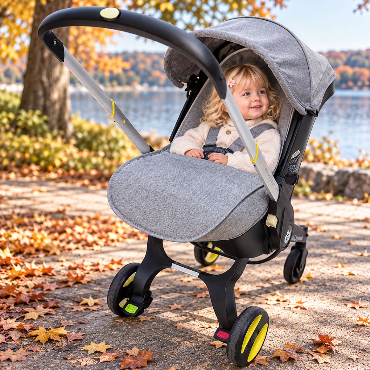Couvre jambe poussette gris avec bébé assis près d’un lac entouré de feuilles d’automne